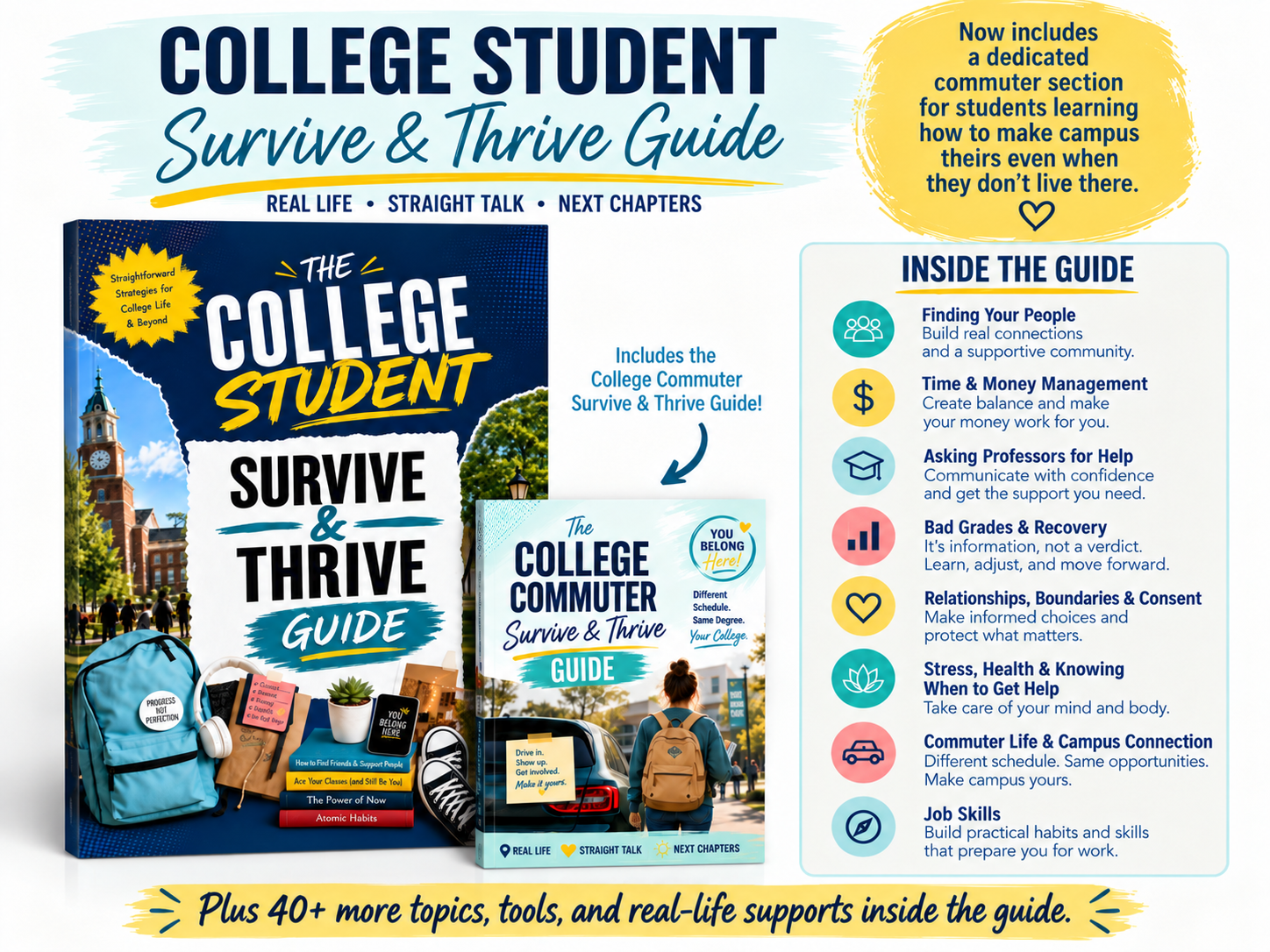 Inside the College Student Survive & Thrive Guide, including the dedicated College Commuter section and topic highlights.